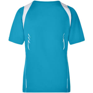 A teal blue ladies running T-shirt featuring white accent details on the shoulders and sides. It has a logo.