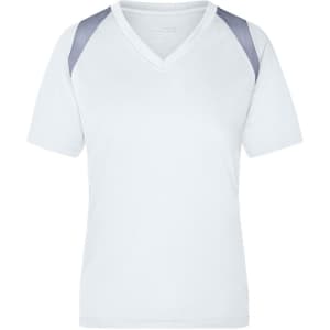 A white ladies' T-shirt with short sleeves and grey accents on the shoulders. It features a V-neck design and includes branding.
