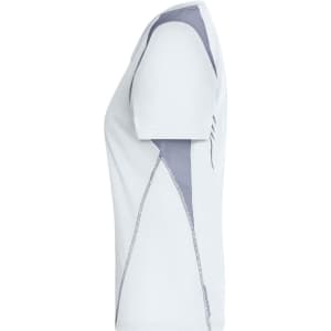 A white ladies' running T-shirt featuring grey accents and a logo on the side. Short-sleeved design.