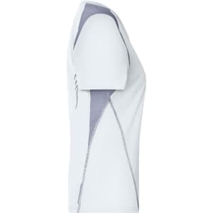 A white T-shirt with grey accents and a side view showcasing its sporty design and stitching details.