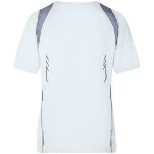 A white ladies' running T-shirt with grey accents on the shoulders and side panels. It features a logo.