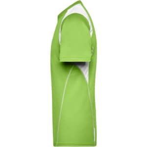 A green men's running T-shirt with white accents and a logo, viewed from the side.