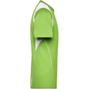 A green men's running T-shirt with white accents and a logo on the side.