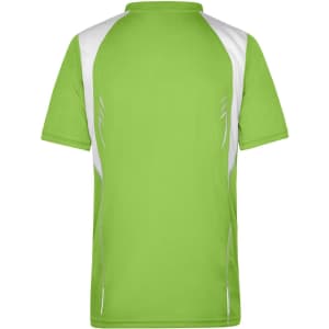 A green men's running T-shirt featuring white accents and a logo on the back.
