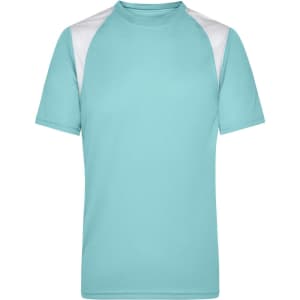 A light blue men's running T-shirt with white accents on the shoulders and a logo on the front.