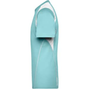 A men's running T-shirt in turquoise with white accents, featuring a logo on the side.
