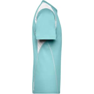 A men's running T-shirt in aqua blue with white accents, featuring a logo on the side.