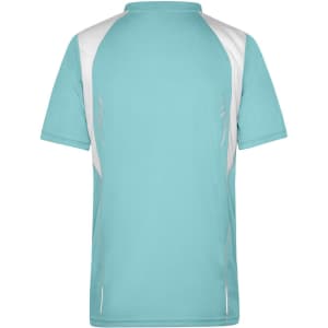 A light blue men's T-shirt featuring white panel accents and a logo on the back.
