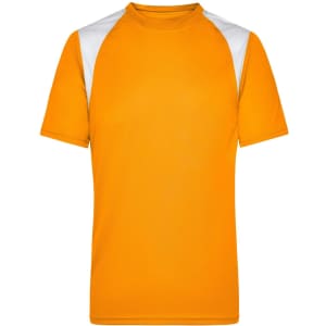A short-sleeved orange T-shirt with white shoulder accents and a logo on the upper chest.