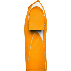 An orange men’s T-shirt with white detailing and a logo on the side, shown from the side view.