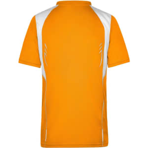 An orange T-shirt with white accents and a logo on the back, designed for men's running activities.