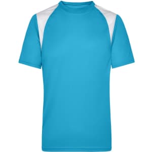 A turquoise men's running T-shirt with white shoulder panels and a logo on the front.