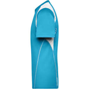 A turquoise men's running t-shirt featuring white accents and a logo on the side, showing a side view of the shirt.