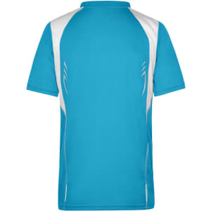 A men's running T-shirt in bright blue with white panel detailing and a logo.