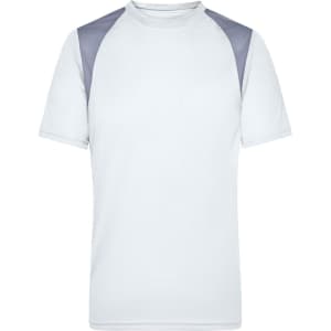 A light grey t-shirt with darker grey accents on the shoulders, featuring a logo. Suitable for running or casual wear.
