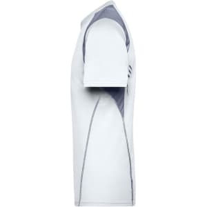 A men's running T-shirt in white with grey detailing and a logo. Displayed in a side view.