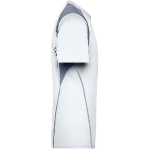 A grey and white men's running T-shirt, featuring a side view with stylish seam detailing and a logo.