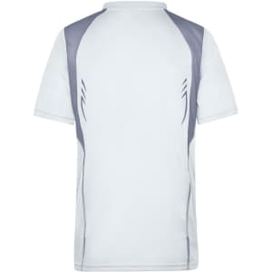 A grey and white men's running T-shirt with a logo, featuring a sporty design on the back.
