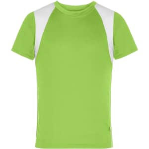 A green t-shirt with white shoulder panels, featuring a logo on the front.