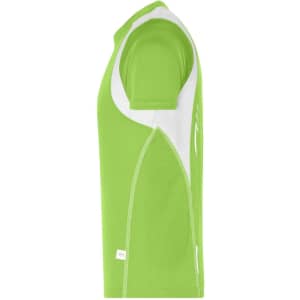A bright green and white running t-shirt with short sleeves and a fitted design. It features a logo on the side.