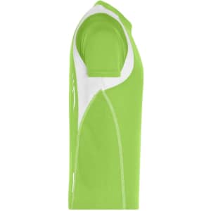 A vibrant green t-shirt with white accents, featuring a logo on the side and a sporty design.