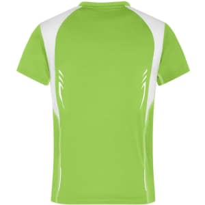 A green T-shirt with white accents, featuring a logo on the back.