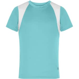 A turquoise t-shirt with white shoulder panels and a logo on the side. Suitable for junior sizes.