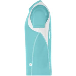 A light blue T-shirt with white accents, featuring a logo on the side.