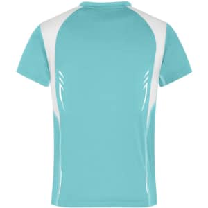 A light blue t-shirt with white accents and a logo, featuring a simple round neckline and short sleeves.