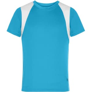 A teal t-shirt with white accents on the shoulders, featuring a logo on the hem.
