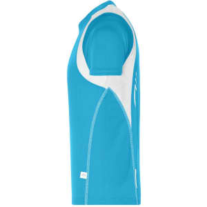 A turquoise T-shirt with white accents and a logo on the side, designed for youth.