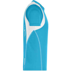 A turquoise t-shirt with white accents and a logo, featuring a short-sleeve design.