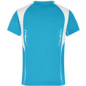 A blue and white sports t-shirt with a logo on the back. Suitable for active wear.