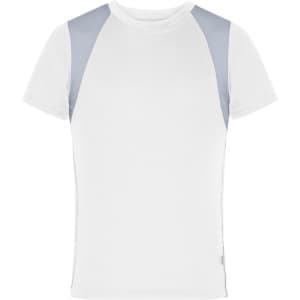 A white T-shirt featuring grey accent panels on the shoulders and a logo.