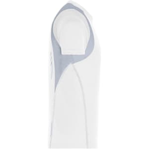 A white T-shirt with grey accents, featuring a logo on the side and a sporty design.