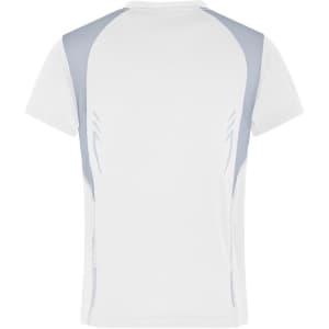 A white T-shirt with light grey accents on the shoulders and back, featuring a logo.