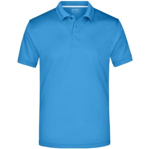 A blue men's polo shirt with a classic collar and short sleeves, featuring a logo on the chest.