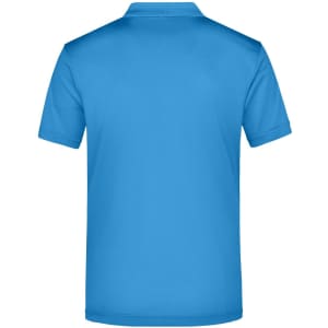 A blue polo shirt featuring a collar, short sleeves, and a logo on the back.
