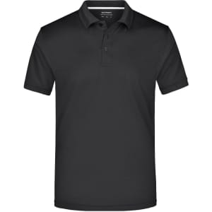 A black men's polo shirt with a collar and three buttons, featuring a logo on the chest.