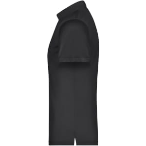 A black men's polo shirt featuring a short sleeve design and a collar. It has a logo on the front.