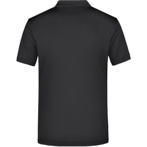 A black men's polo shirt with short sleeves and a collar. It features a branding logo on the back.