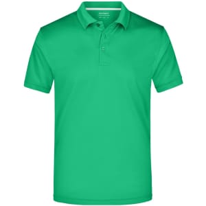 A green men's polo shirt with a collar, featuring three buttons and a logo on the chest.