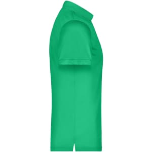 A green men's polo shirt featuring a collar and short sleeves, with a logo on the side.