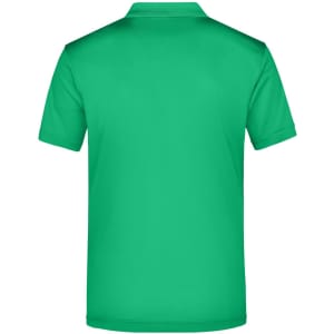 A green men's polo shirt with a collared neck, featuring a plain back design and a logo.