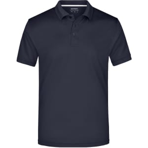 A navy blue men's polo shirt with a collar, short sleeves, and a button placket, featuring a logo.