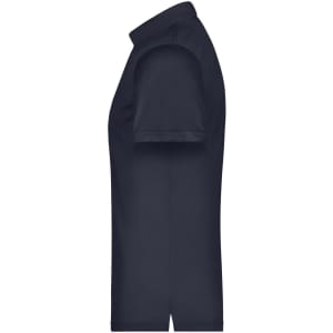 A navy blue men's polo shirt with a classic collar and short sleeves, featuring a logo.
