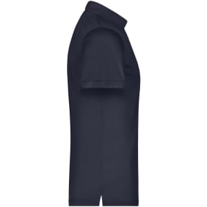 A navy blue men's polo shirt displayed from the side, featuring a collar and short sleeves. It has a logo.
