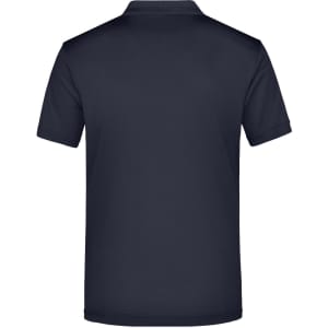 A navy blue men's polo shirt with a collar and short sleeves, featuring a logo on the back.