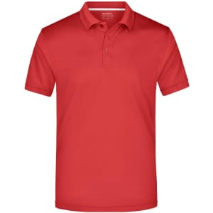 A red polo shirt with a classic collar and three-button placket, featuring a logo on the chest.