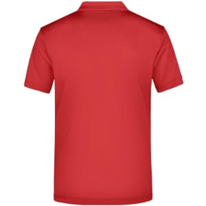 A red men's polo shirt displayed from the back, featuring a simple design and a logo.